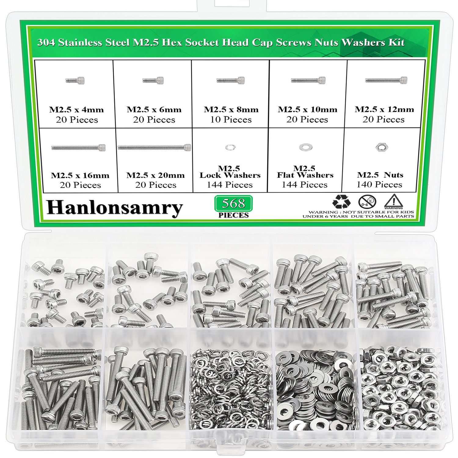 Hanlonsamry 568 Pieces M2.5 x 4mm /6mm /8mm /10mm /12mm /16mm /20mm, Hex Socket Head Cap Screws Bolts Washers Nuts Kit, 304 Stainless Steel